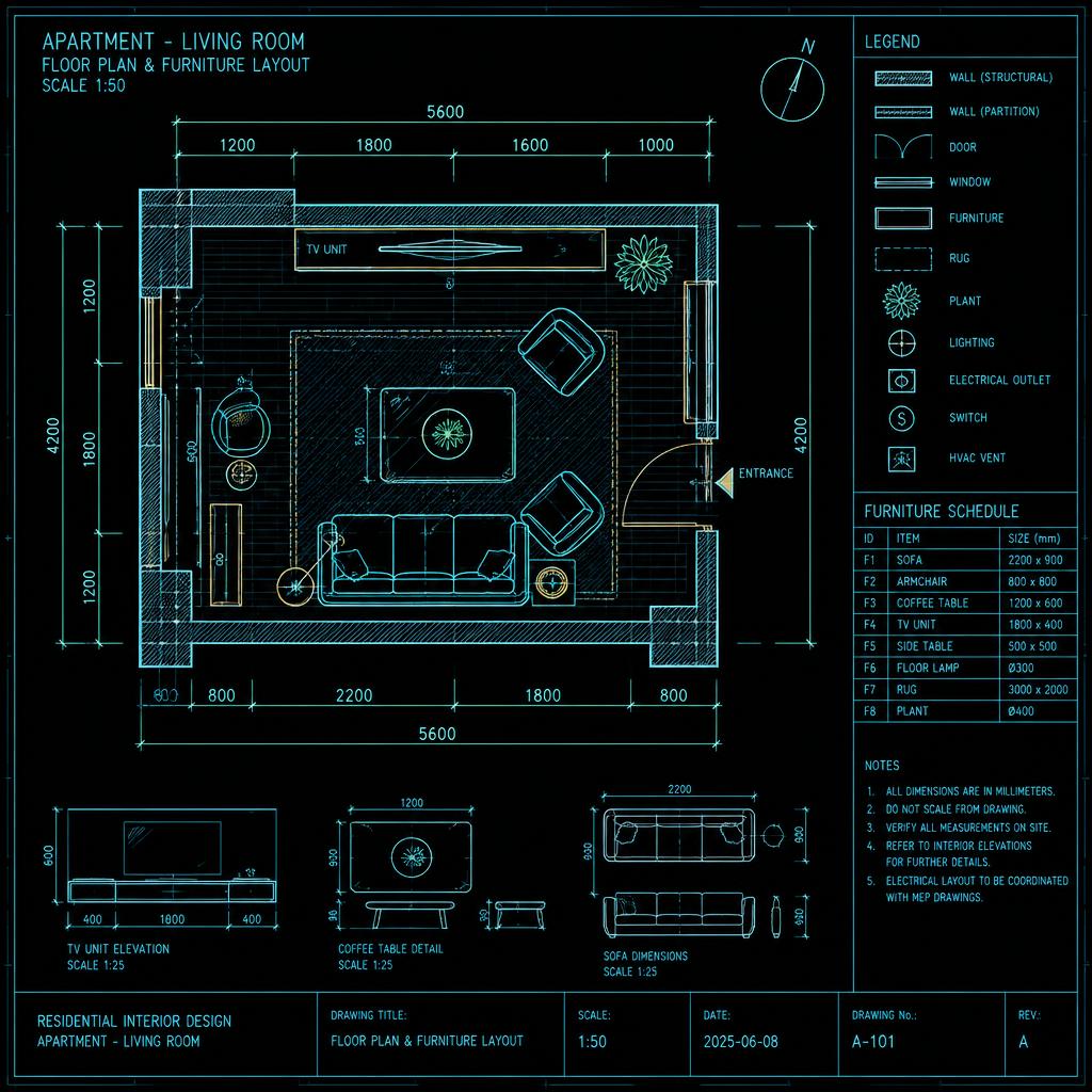 Rzut salonu – AutoCAD – projekt wnętrza